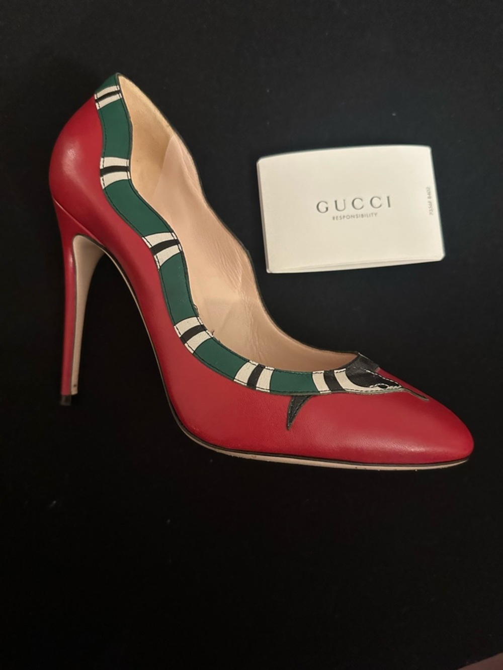 Gucci Red Leather Pumps with Green and White Snake Motif - Picture 3 of 6